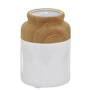 VASO DECORATIVO CERAMICA AMADEIRADO BRANCO E MARROM 20CM
