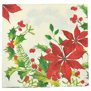 GUARDANAPO DE PAPEL NATALINO COM FLORES VERMELHAS