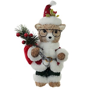 URSO DE PALHA EM PE ROUPA PAPAI NOEL VERMELHO E VERDE 26CM