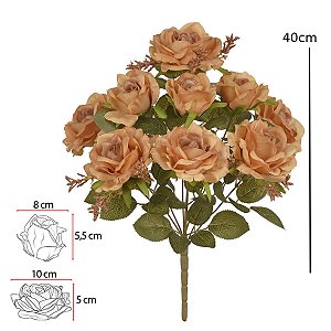 BUQUE DE ROSA DIANA 9 BOTOES CHA OUTONO 40CM FLORARTE