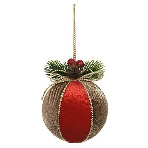 BOLA DECORADA NATALINA VERMELHA E MARROM 8CM FLORARTE