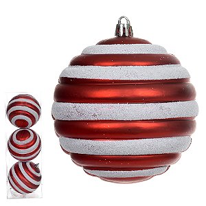 JG 3 BOLA DECORADA NATALINA NO PVC VERMELHA E BRANCA 10CM