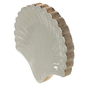 ESCULTURA CONCHA DECORATIVA MADEIRA BRANCA 25CM FLORARTE