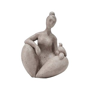ESCULTURA DECOR EM RESINA MULHER C/PASSARO CINZA - 27CM