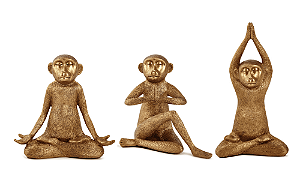 ESCULTURA TRIO DE MACACOS YOGA POLIRRESINA DOURADO MART
