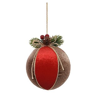 BOLA DECORADA NATALINA VERMELHA E MARROM 10CM