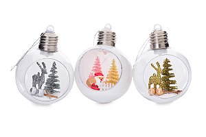 TRIO BOLA NATALINA ABERTA COM LED NOEL E RENAS 10cm