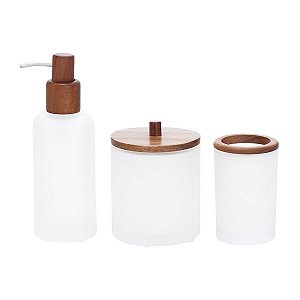 KIT EM VIDRO E MADEIRA PARA BANHEIRO INCOLOR MART - 3 PCS