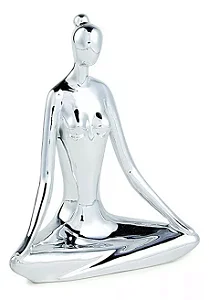 ESCULTURA MULHER SENTADA YOGA EM PORCELANA PRATA MART