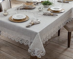 LINHA LUXO TOALHA MESA RENDADA ISTAMBUL 160X270CM BEGE/BCO