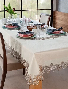 TOALHA DE MESA RENDADA 100%PES VENEZA 160X270CM BG/BCO/FE