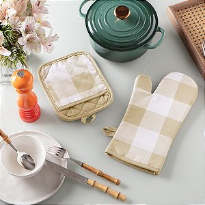 KIT LUVA+PEGADOR 18X33CM ESTAMPA XADREZ BEGE JOLITEX