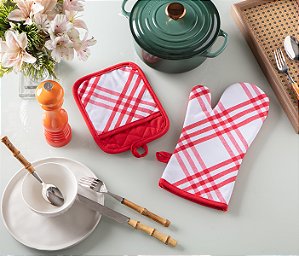 KIT LUVA+PEGADOR 18X33CM XADREZ VERMELHO JOLITEX