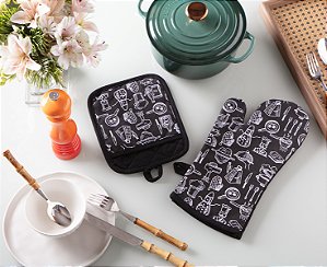 KIT LUVA+PEGADOR 18x33CM ESTAMPADO KITCHEN PRETO JOLITEX