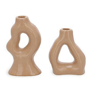 PAR PORTA-VELAS CASTIÇAL EM CERAMICA MARROM MART