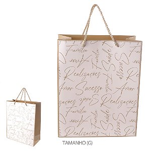 SACOLA DE PAPEL ROSA COM PALAVRAS INSPIRADORAS EM DOURADO