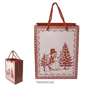 SACOLA DE PAPEL VERMELHO E BRANCO COM BONECO DE NEVE