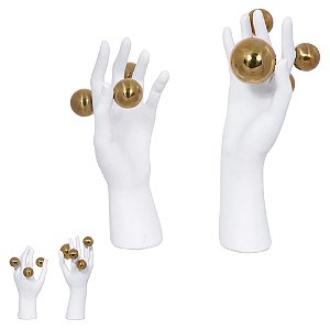 Escultura Conjunto Decorativo Mãos com Esferas Douradas