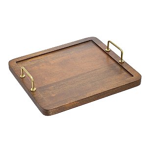 BANDEJA DECORATIVA EM MADEIRA COM ALÇAS DOURADO