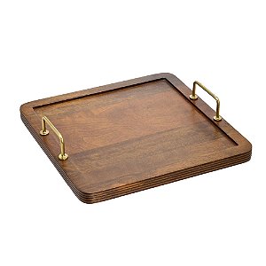 BANDEJA DECORATIVA EM MADEIRA COM ALÇAS DOURADO 40cm