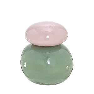 VASO POTICHE DECORATIVO C/TAMPA EM VIDRO VERDE E ROSA 13,5CM