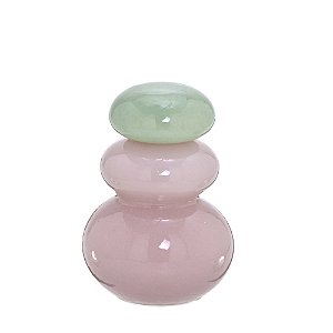 VASO POTICHE DECORATIVO C/TAMPA EM VIDRO VERDE E ROSA 19,5CM