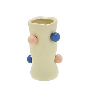 VASO DECORATIVO BRANCO COM CIRCULOS COLORIDOS 16CM