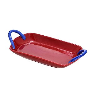 BANDEJA DECORATIVA EM CERAMICA AZUL E VERMELHO 33CM