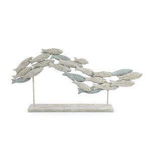 ESCULTURA DECOR CARDUME PEIXES POLIRESINA BRANCO E AZUL 60CM