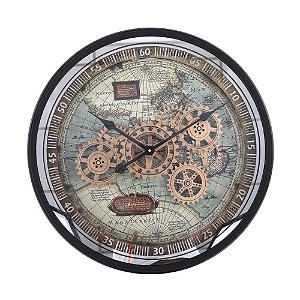 RELOGIO DE PAREDE METAL MAPA MUNDI COM ENGRENAGENS 60CM