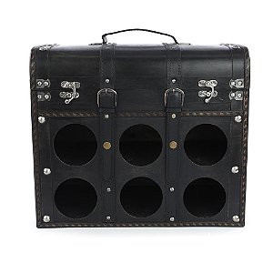 CAIXA P/ VINHOS DECORATIVO MDF COURO PRETO 6 GARRAFAS