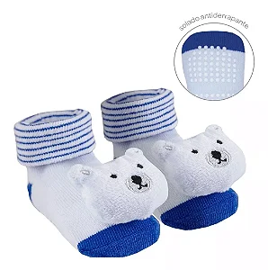 MEIAS ANTIDERRAPANTES COM CHOCALHO URSO BUBA +6M - 12M Cor:Branca e Azul;Tamanho:6 a 12m