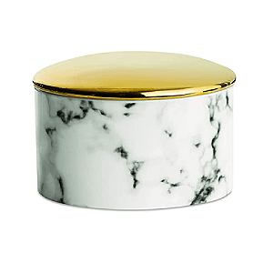 POTE EM CERAMICA MARMORIZADO COM TAMPA DOURADA