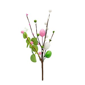 GALHO DECORATIVO DE PASCOA COM OVOS COLORIDOS E FOLHAS 30cm