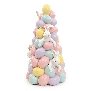 ESCULTURA ARVORE DE COELHOS DECOR EM RESINA COLORIDA 28cm