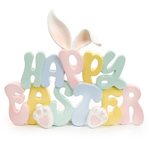 ESCULTURA HAPPY EASTER ORELHA E PATAS DE COELHO RESINA 24cm