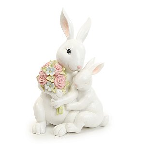 ESCULTURA DECORATIVA COELHO COM FILHOTE EM RESINA 24cm