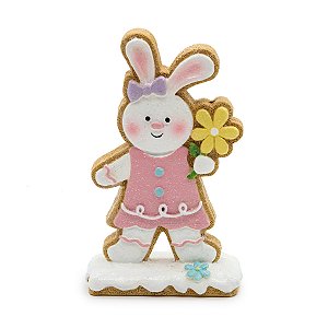 ESCULTURA COELHA DECORATIVA COM FLOR AMARELA EM RESINA 14cm