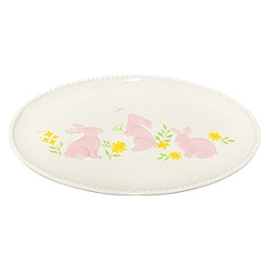TRAVESSA OVAL COELHOS ROSA EM RELEVO PORCELANA 35,5X25,5CM