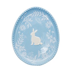 PRATO DE SOBREMESA OVAL EM PORCELANA AZUL COM COELHO FLORAL