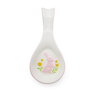 DESCANSO DE COLHER EM PORCELANA BRANCO COELHO EM RELEVO