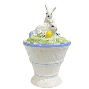 POTE COM TAMPA COELHOS E OVOS EM CERAMICA LUIZ SALVADOR