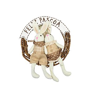 GUIRLANDA DECORATIVA CASAL DE COELHOS FELIZ PASCOA - 33cm