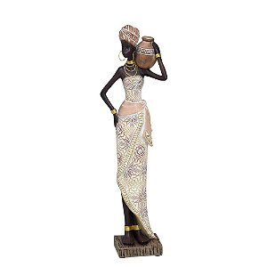 ESCULTURA AFRICANA DECOR RESINA  BEGE BRANCO COM JARRO 34CM