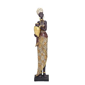 ESCULTURA DECORATIVA AFRICANA RESINA DOURADO E MARROM 39CM