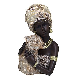 ESCULTURA BUSTO AFRICANA DECORATIVA RESINA  COM TIGRE 27,5CM