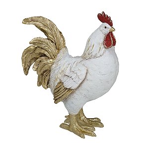 ESCULTURA GALINHA EM RESINA DECORATIVA BRANCO E DOUR 25,5CM