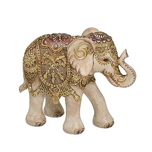 ESCULTURA ELEFANTE DECORATIVO EM RESINA  MARROM E DOUR 20CM