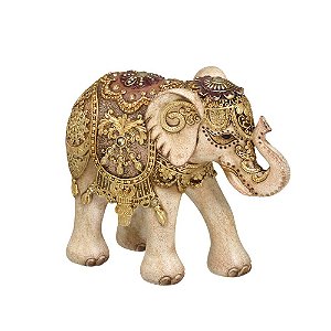 ESCULTURA ELEFANTE DECOR EM RESINA  MARROM E DOUR 16CM