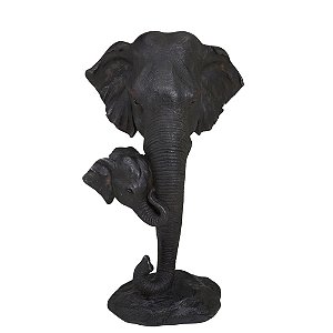 ESCULTURA MAE E FILHOTE ELEFANTE DECORATIVO PRETO 44CM